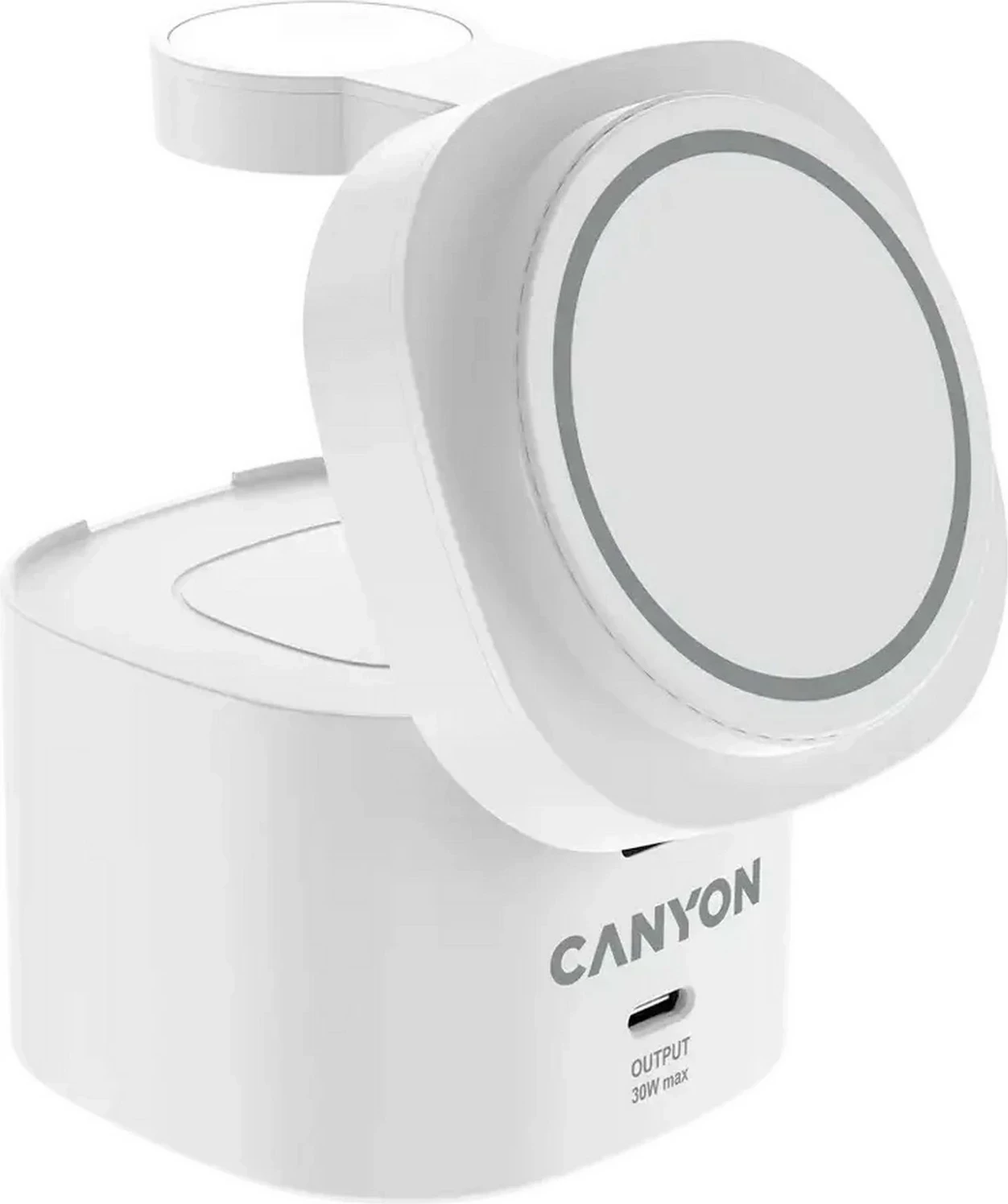 Stacion karikimi pa kabllo Canyon 4w1 30W, Qi2, USB-C PD 3.0, me kabllo 1m, i bardhë