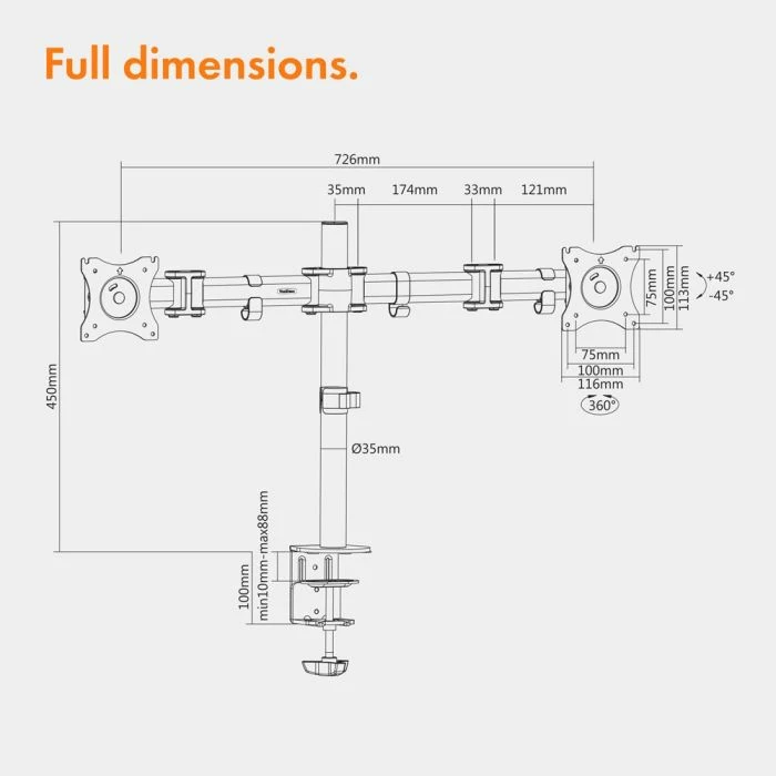 Mbajtëse desktopi dual për 2 monitorë VONHAUS 3005116 13–32\", VESA 75x75/100x100, e zezë