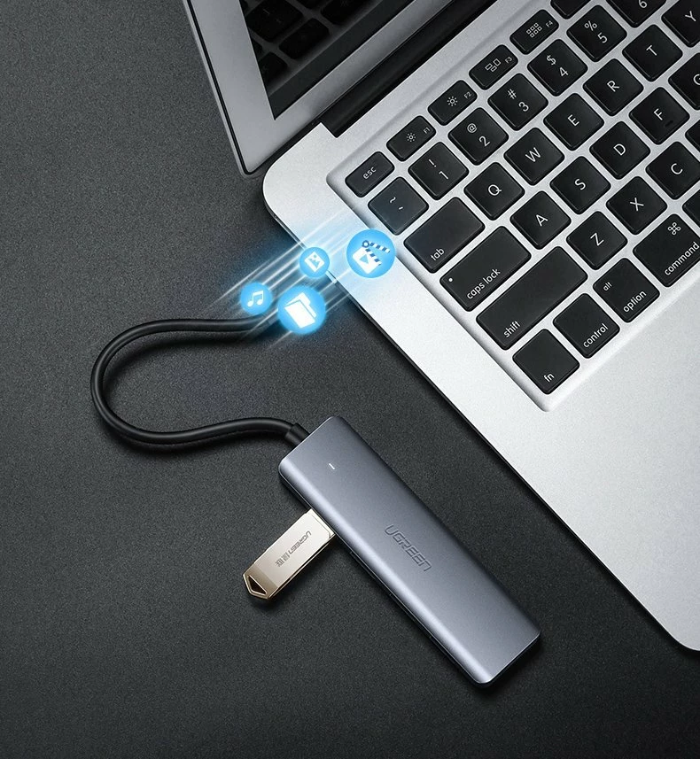 Kasë USB HUB Ugreen CM219 50985, 4x USB 3.2 Gen 1, me port micro USB për rrymë, Gri