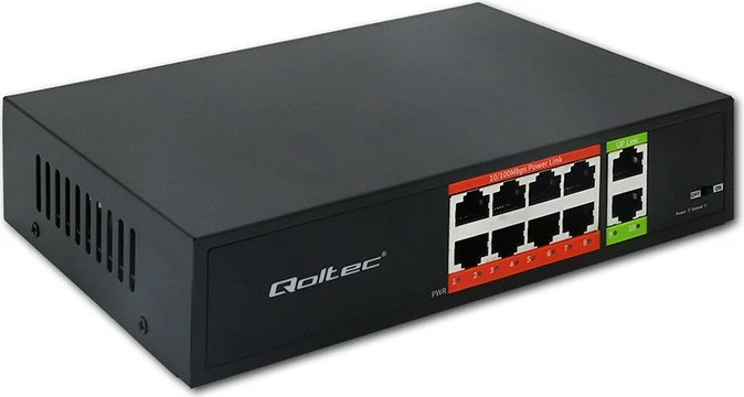 Switch Qoltec 52290 Fast Ethernet PoE 8x RJ45 + 2x RJ45 uplink 120W 10/100 Mb/s