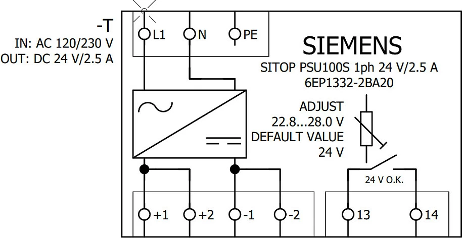 Furnizues rryme Siemens SITOP PSU100S 6EP1332-2BA20, 24V 2.5A 60W, hyrje 120/230VAC, gri