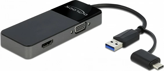 Adapter USB DeLOCK 64085, USB 3.2 Gen1 Type-A/USB-C në HDMI + VGA, 4K, i zi