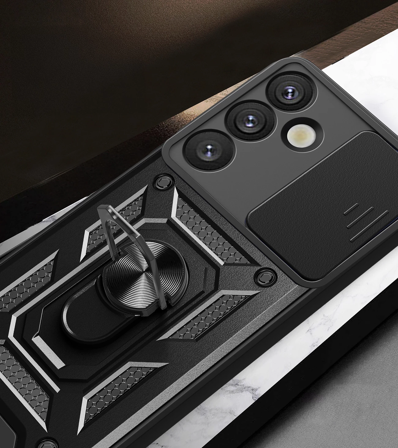 Mbështjellës Hurtel Hybrid Armor Camshield me kapak kamere dhe unazë metalike për Samsung Galaxy S25+, Zi