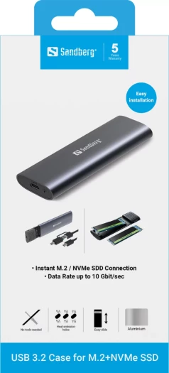 Kasë Sandberg 136-39 për SSD M.2 NVMe, USB 3.2 Gen 2 10Gbps, deri 4TB, gri e errët