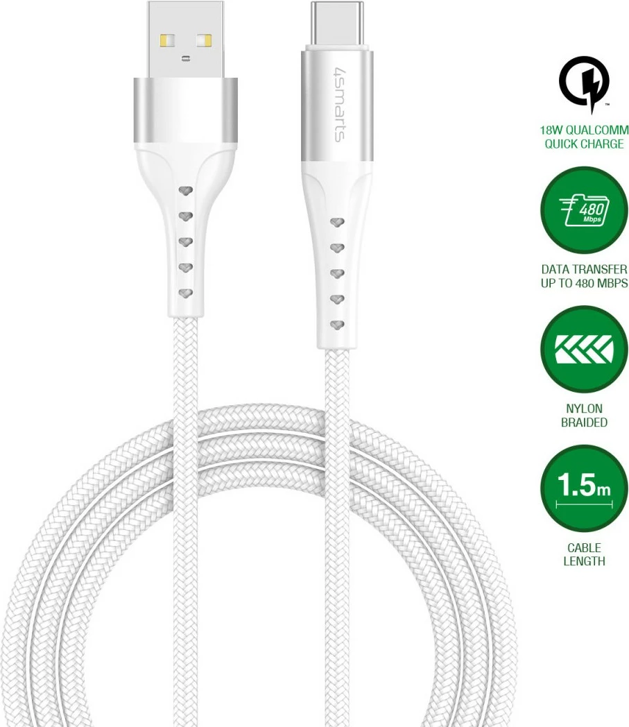 Kabllo USB-A në USB-C 4smarts PrimeCord 1.5m 18W, bardhë