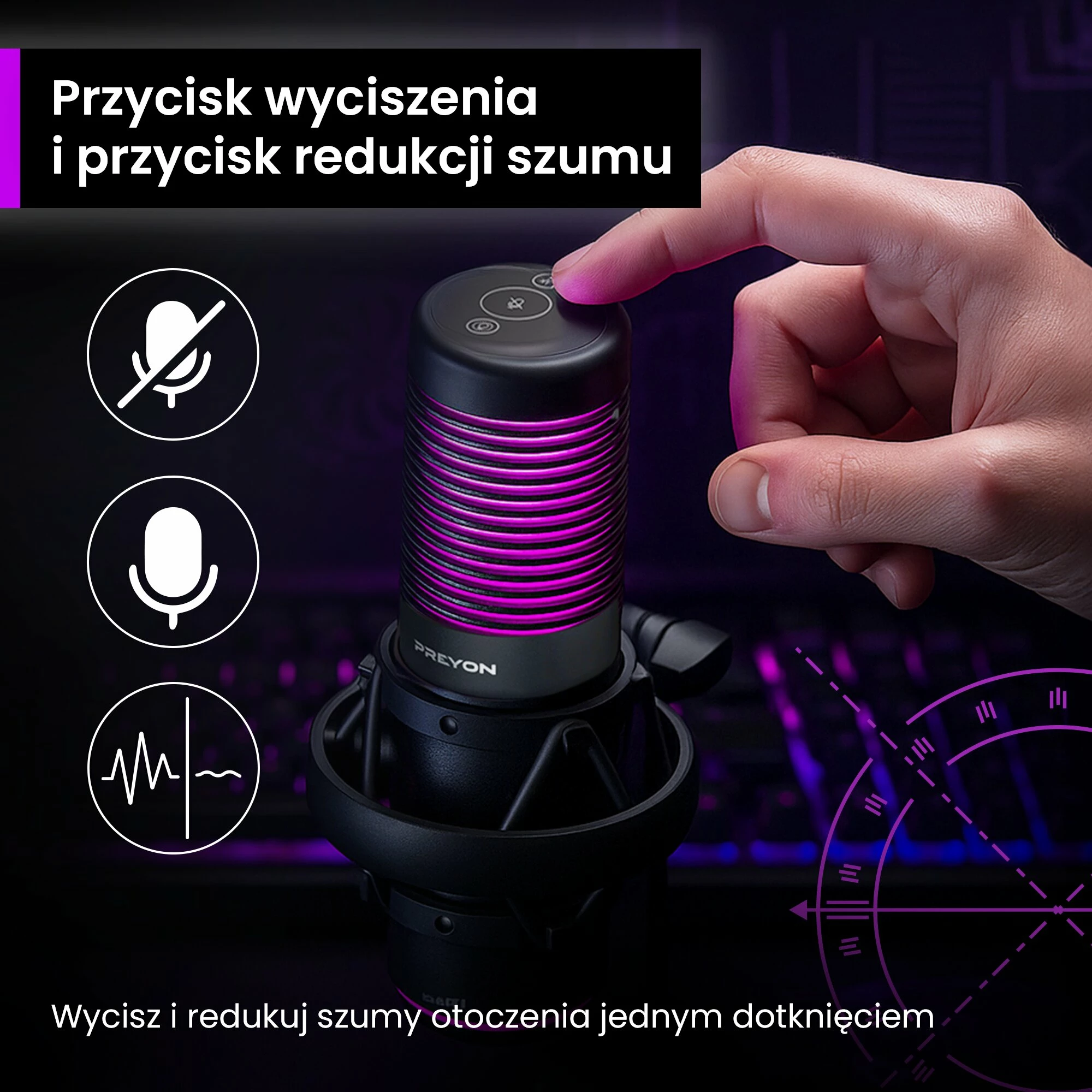 Mikrofon gaming USB PREYON Osprey Scream POS43B, RGB, cardioid/omnidirectional, me krah dhe kapëse tavoline, i zi