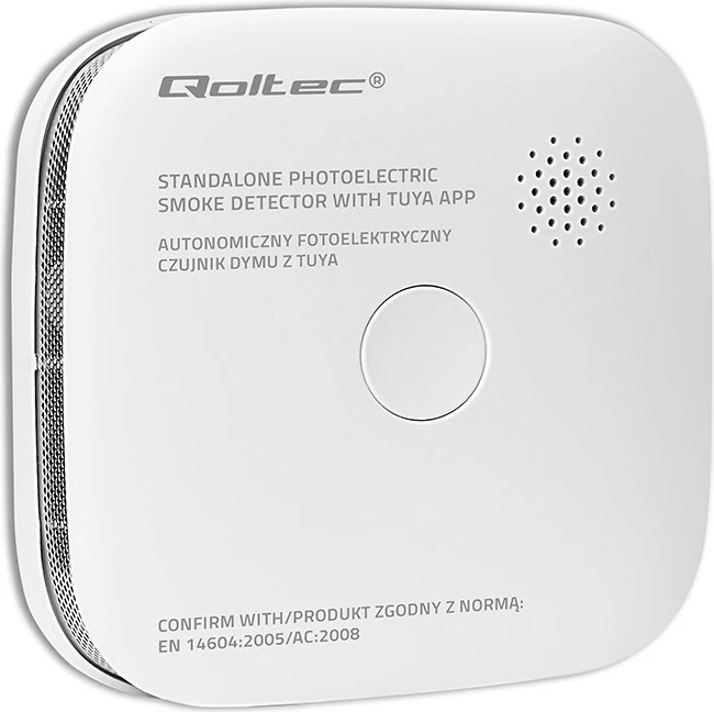 Detektor tymi smart Qoltec 52579, Wi‑Fi Tuya, alarm 85 dB, LED, me bateri CR123A 3V, i bardhë