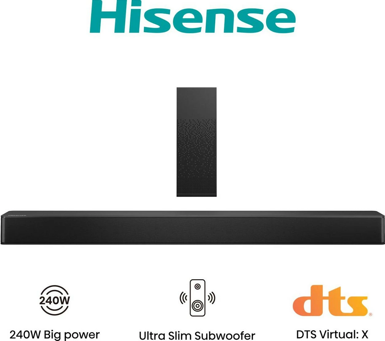 Soundbar Hisense HS2100, 2.1 kanale, 240W, Bluetooth 5.3, DTS Virtual:X, subwoofer wireless, e zezë