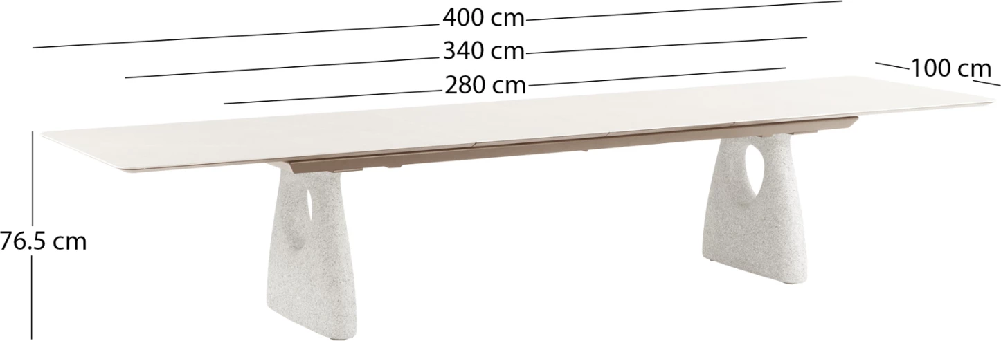 Tavolinë ngrënie e zgjatshme GOFFEN, alumin ngjyrë fildishi, sipërfaqe prej guri të sinterizuar, 280-400x100x76.5cm