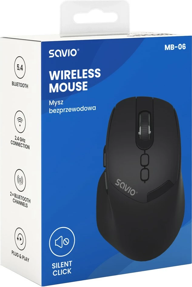 Maus Savio MB-06, wireless 2.4 GHz/BT 5.4, 2000 DPI, 6 butona, USB-C, set me receiver USB + kabllo USB-C, zi