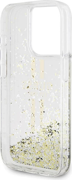 Mbështjellës Guess Liquid Glitter Gold Stripes për iPhone 15 Pro, Transparent