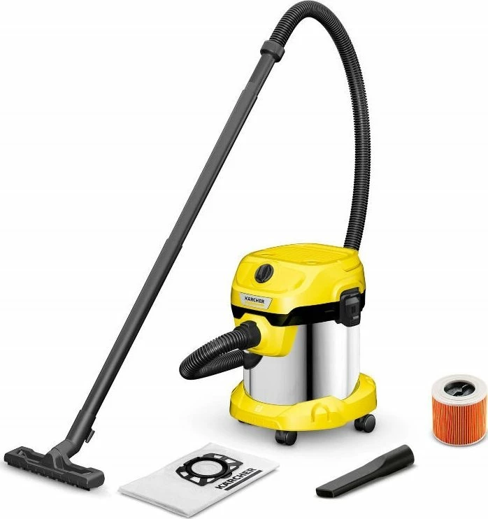 Fshesë me korrent industriale Karcher WD 2 Plus S V-15/4/18/C, 1000 W, depo 15 L, thithje e thatë/lagësht, e verdhë/argjend, set me aksesorë