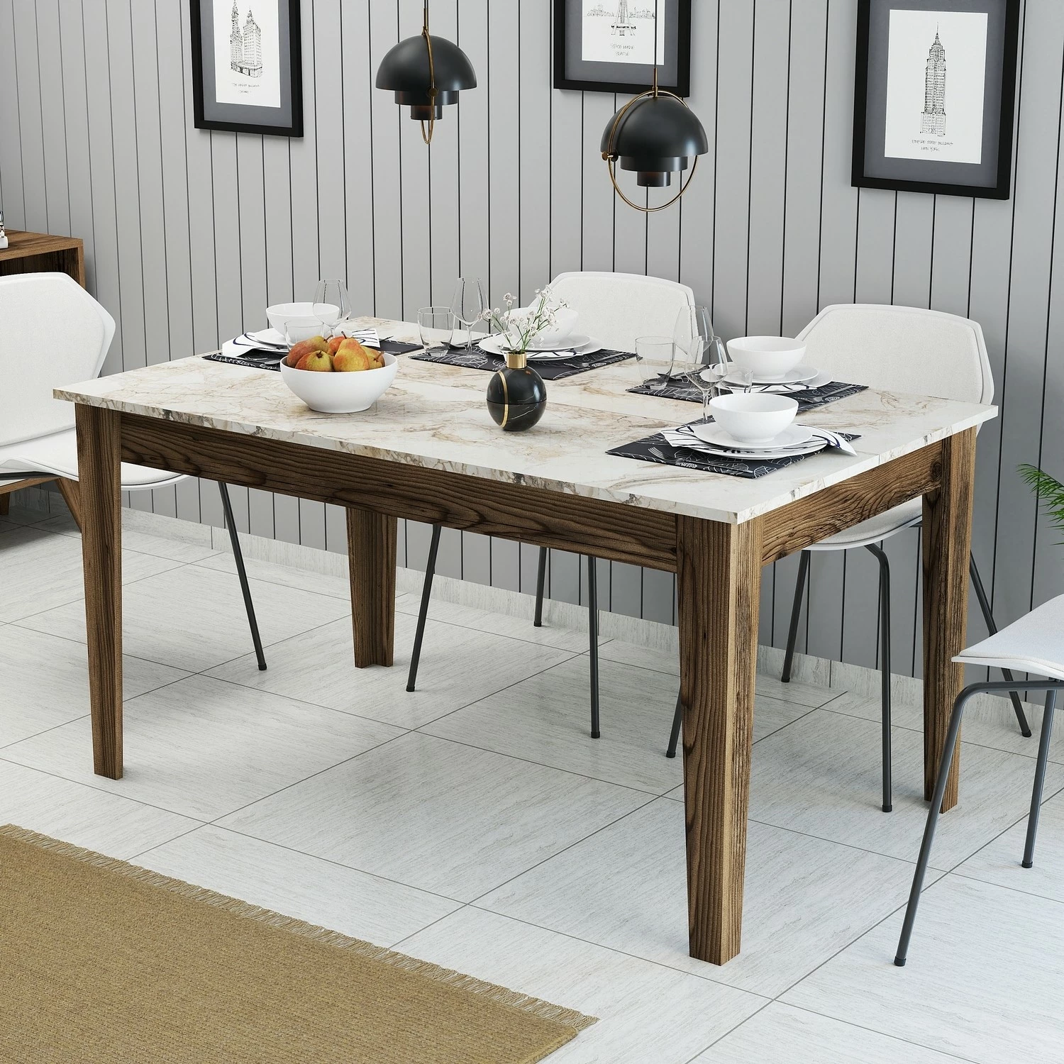Tavolinë ngrënieje Skye Decor, Milan 515, ngjyrë arre dhe e bardhë