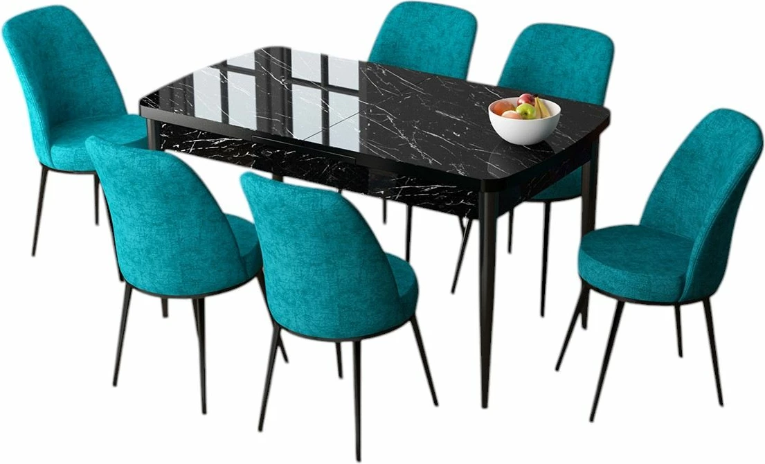 Tavolinë me karrige, zgjatshme, 7 pjesë, Skye Decor, ngjyrë mermeri të zi, turquoise