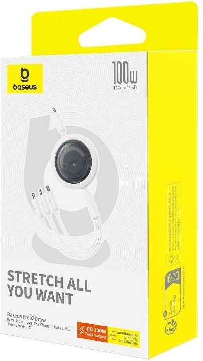 Kabllo karikimi 3-në-1 Baseus Free2Draw, USB-C në USB-C/Lightning/Micro, 100W, 1.1m, Bardhë