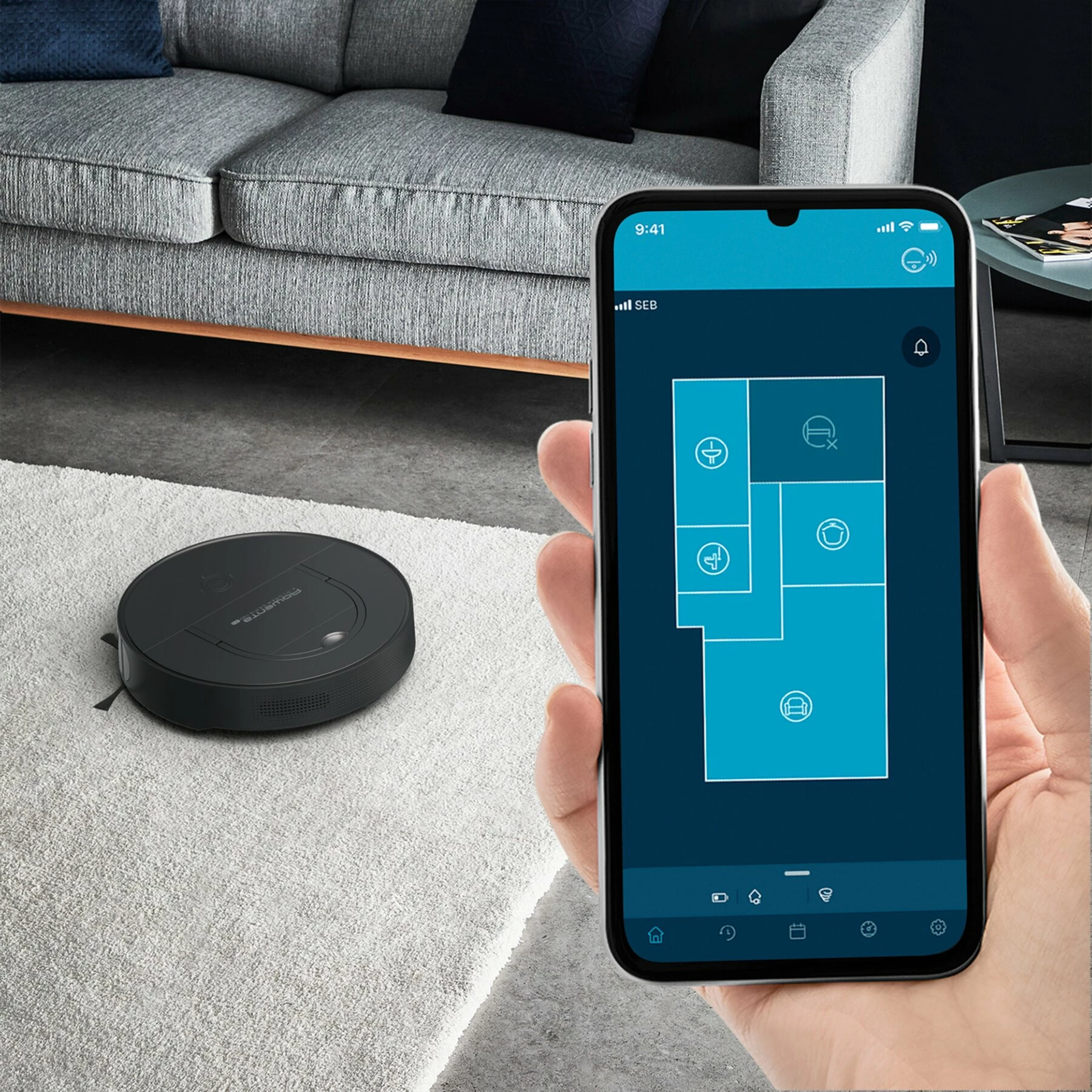 Fshesë robotike, Rowenta X-Plorer Series 130 AI RR9075WH, depozitë 0.5 L, autonomi 120 min, lartësi 8 cm