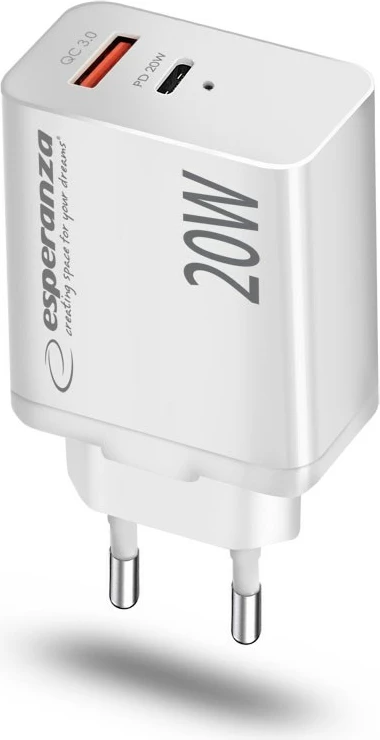 Karikues Esperanza EZC105W, 20W, Quick Charge 3.0, 1x USB-A, 1x USB-C, Bardhë