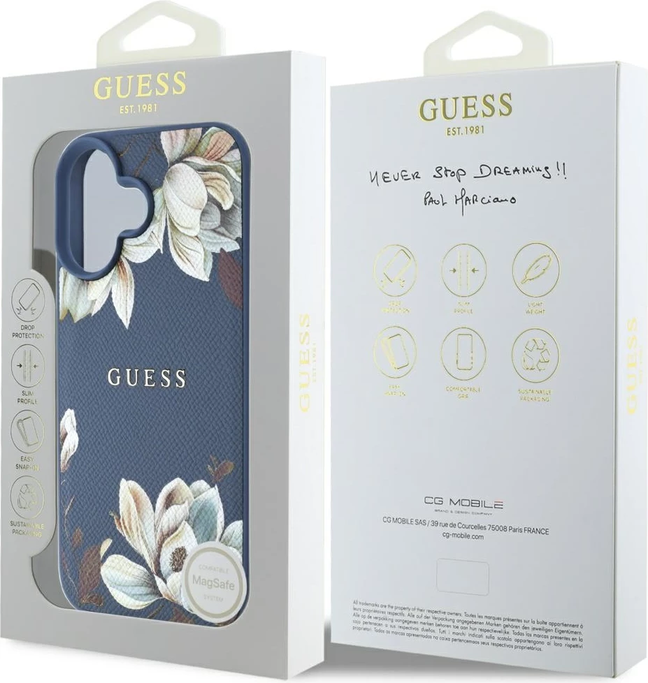 Mbështjellës Guess Grained Printed Flower Pattern MagSafe për iPhone 16, Blu