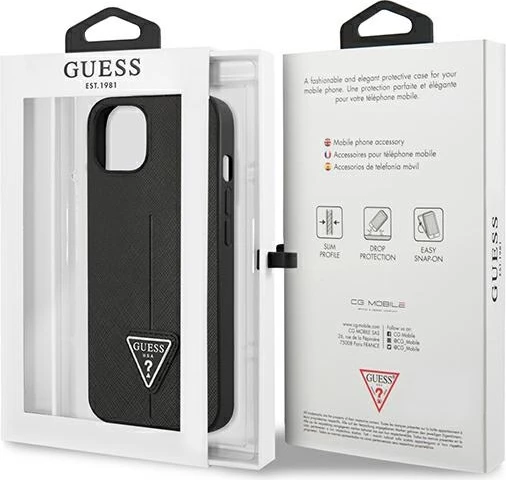 Mbështjellës Guess SaffianoTriangle Logo për iPhone 14 Plus 6.7", i zi