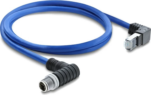 Kabllo rrjeti DeLOCK M12 X-coded 8-pin në RJ45, Cat6a, 1 m, S/FTP, me konektorë të kënduar, blu
