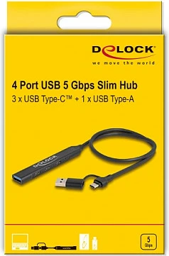 Hub USB DeLOCK Slim 4-Port, 3x USB-C + 1x USB-A, 5 Gbps, 0.5 m, metal, zi