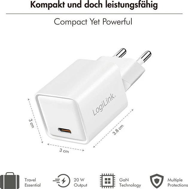 Karikues USB-C LogiLink 20W GaN, 1x USB-C PD, i bardhë