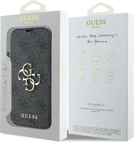 Mbështjellës Guess 4G Metal Logo për iPhone 16, e zezë