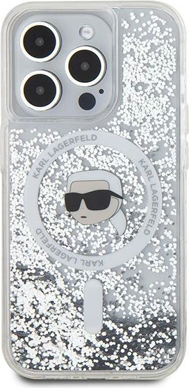Mbështjellës Karl Lagerfeld Liquid Glitter Karl Head MagSafe për iPhone 15 Pro Max, Transparent