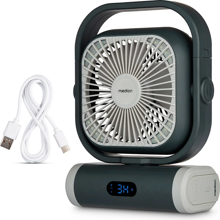 Ventilator kampingu Medion LIFE E10 TF (MD 12065), bateri 10000 mAh, LED, me telekomandë, gri/bardhë
