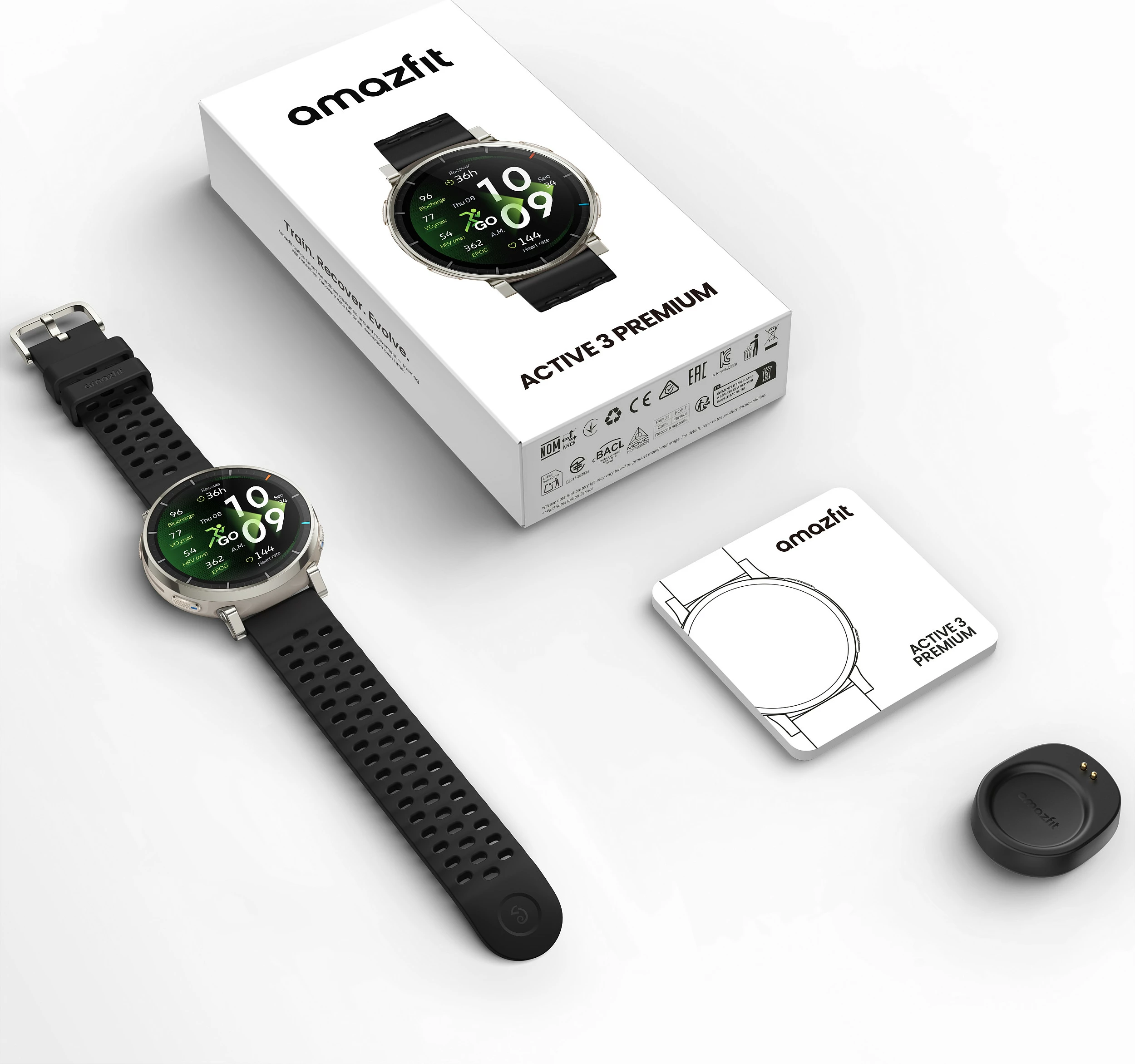 Smartwatch AMAZFIT Active 3 Premium, AMOLED 1.32 inç, NFC, GPS, 5 ATM, rrip i zi, kasë ari