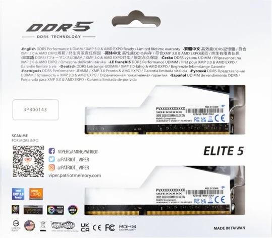 RAM Memorje PATRIOT Viper Elite 5 RGB PVER532G62C42KW 32GB (2x16GB) DDR5-6200 CL42 DIMM e bardhë