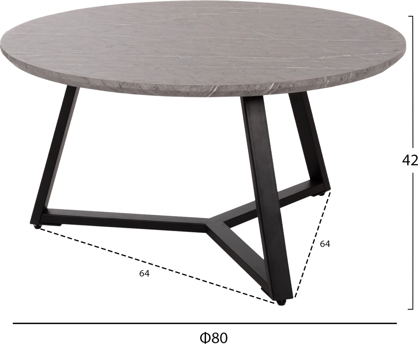 Tavolinë kafeje rrethore, MDF, ngjyrë mermeri gri, bazë metalike e zezë, FH9586.02, Φ80x42H cm