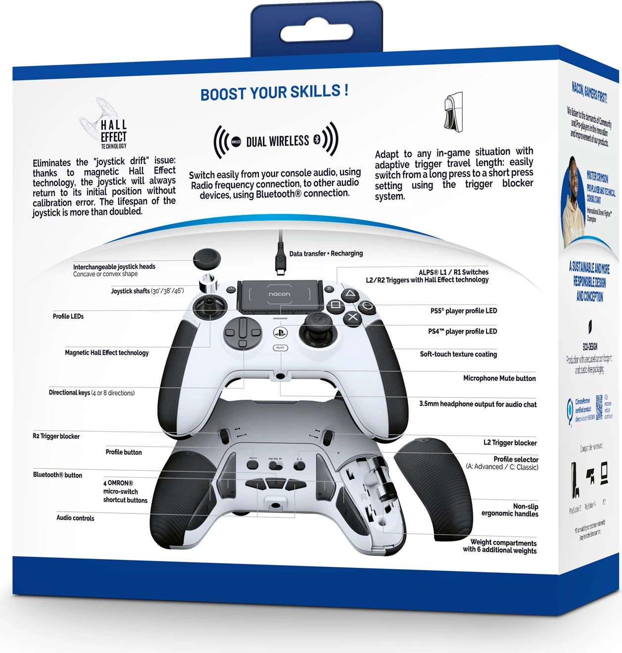 Gamepad Nacon Revolution 5 Pro, wireless, RGB, Hall Effect, për PS5, i bardhë