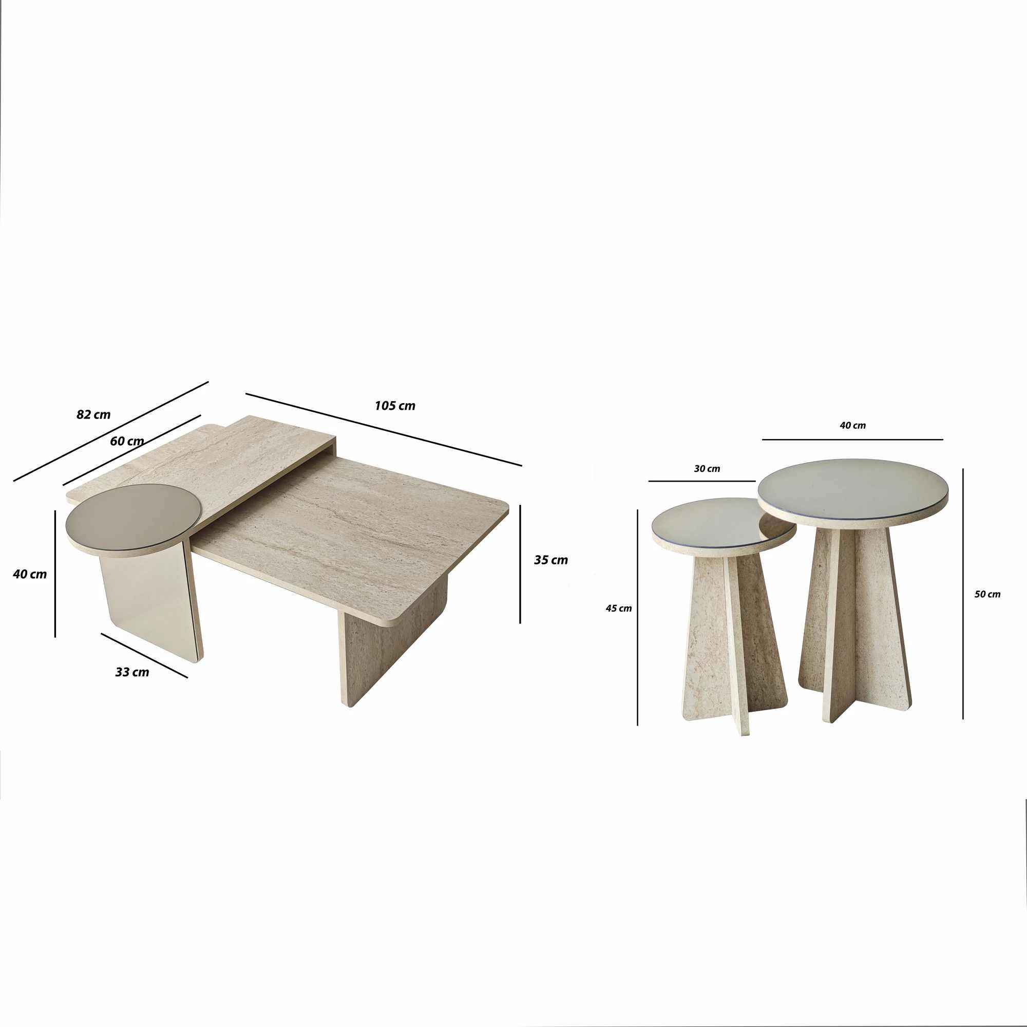 Set tavolinash të vendosshme Skye Decor, ngjyrë travertin-bronz, 4 copë