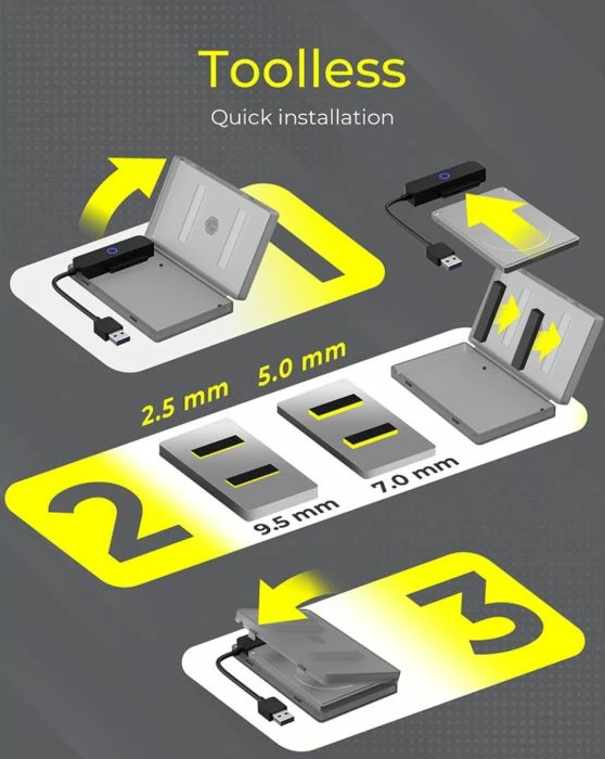 Adapter/kasë USB 3.2 Gen 1 për HDD/SSD 2.5" SATA, ICYBOX IB-AC603B-U3, 5 Gbit/s, kabllo USB-A 16 cm, antracit/zi, set