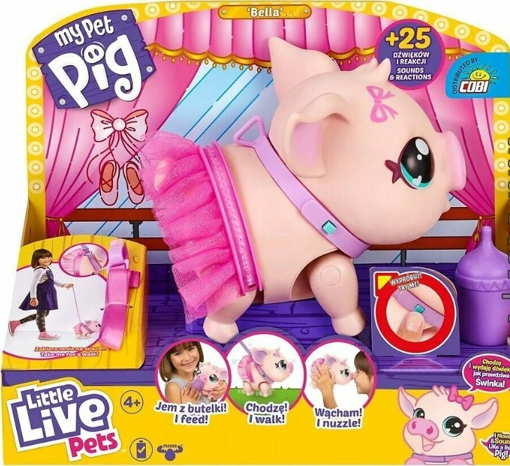 Figurinë interaktive Cobi Little Live Pets Pig Ballet Dancer, me zë, 2 mënyra loje, 4+, rozë, set me litar