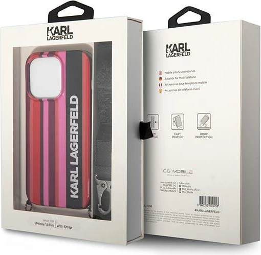 Mbështjellës Karl Lagerfeld KLHCP14XSTSTP për iPhone 14 Pro Max, hardcase, me rrip, rozë