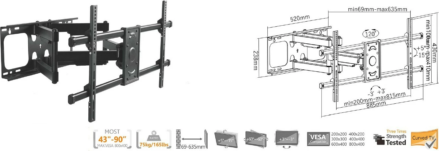Mbajtëse muri TV EQUIP, 37"-90", e pjerrët dhe e rrotullueshme, VESA 200x200, 75 kg, e zezë