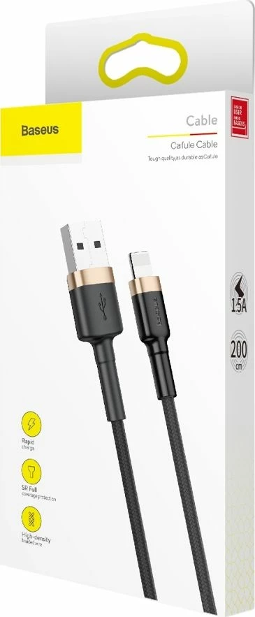 Kabllo USB-A në Lightning Baseus Cafule CALKLF-CV1 2m, e thurur najllon, 1.5A, Zi/Ari