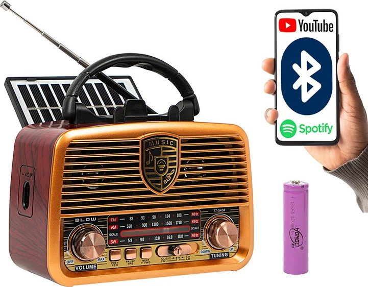 Radio portabile BLOW RA10, analog, AM/FM, Bluetooth, solar, 1200mAh, e zezë/kafe/ari