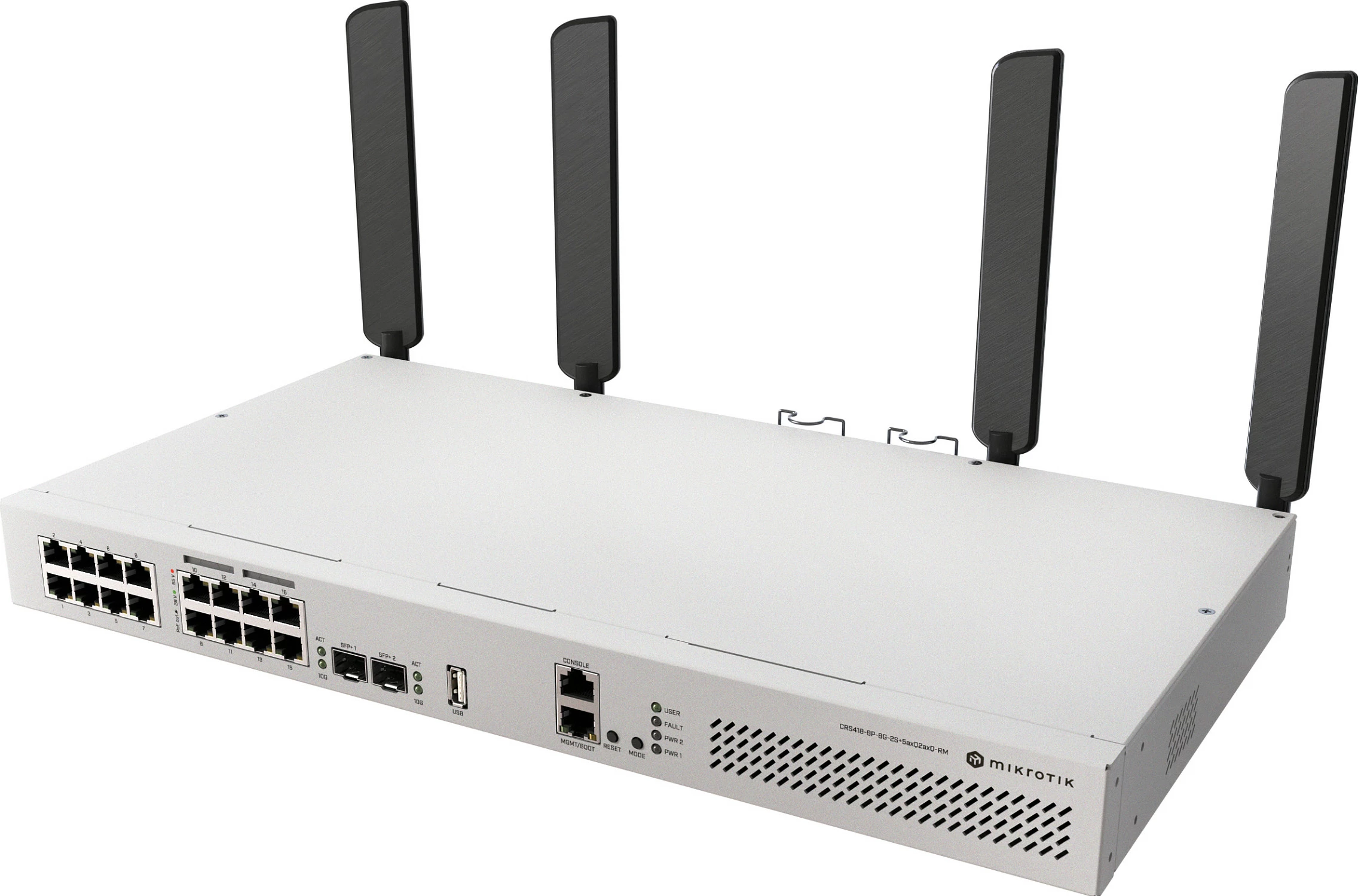 Switch MikroTik CRS418-8P-8G-2S+5axQ2axQ-RM, L2/L3, 8x PoE + 8x Gigabit, 2x SFP+ 10G, 1U, i bardhë