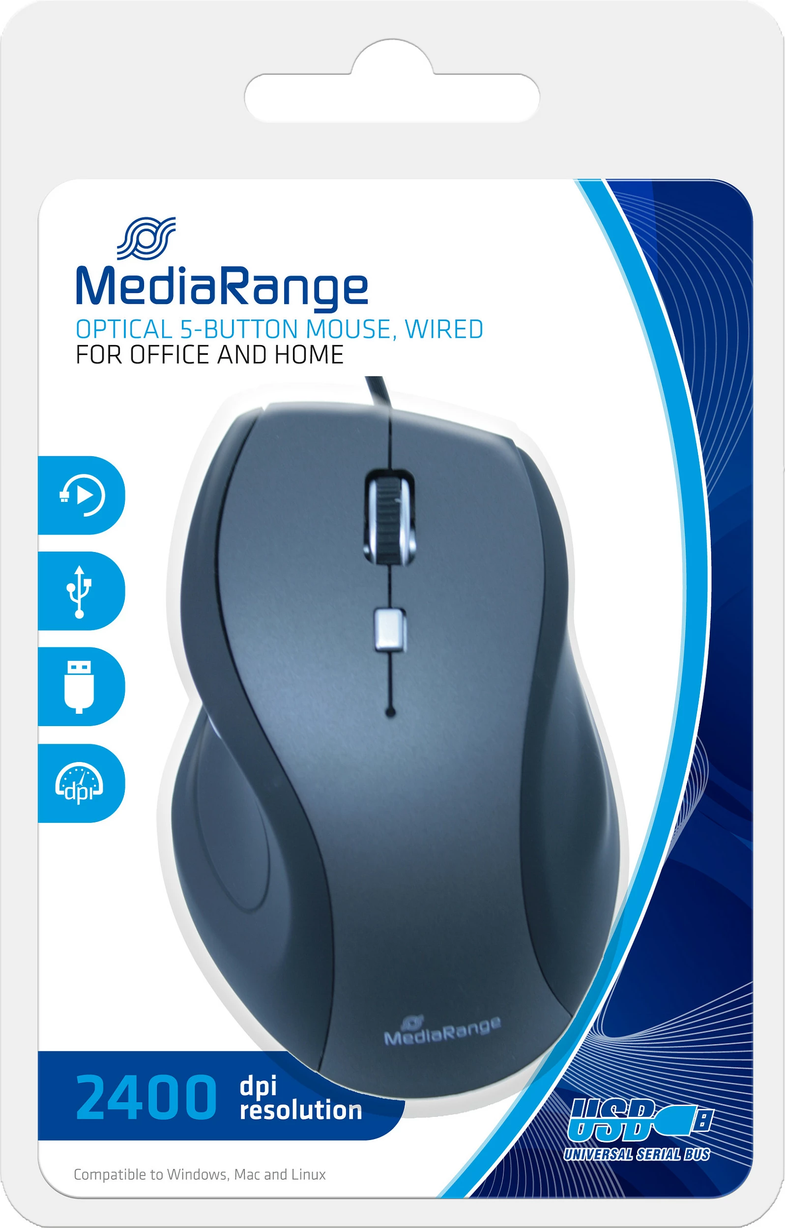 Maus MediaRange MROS202, USB, optik, 2400 DPI, 5 butona, zi/gri