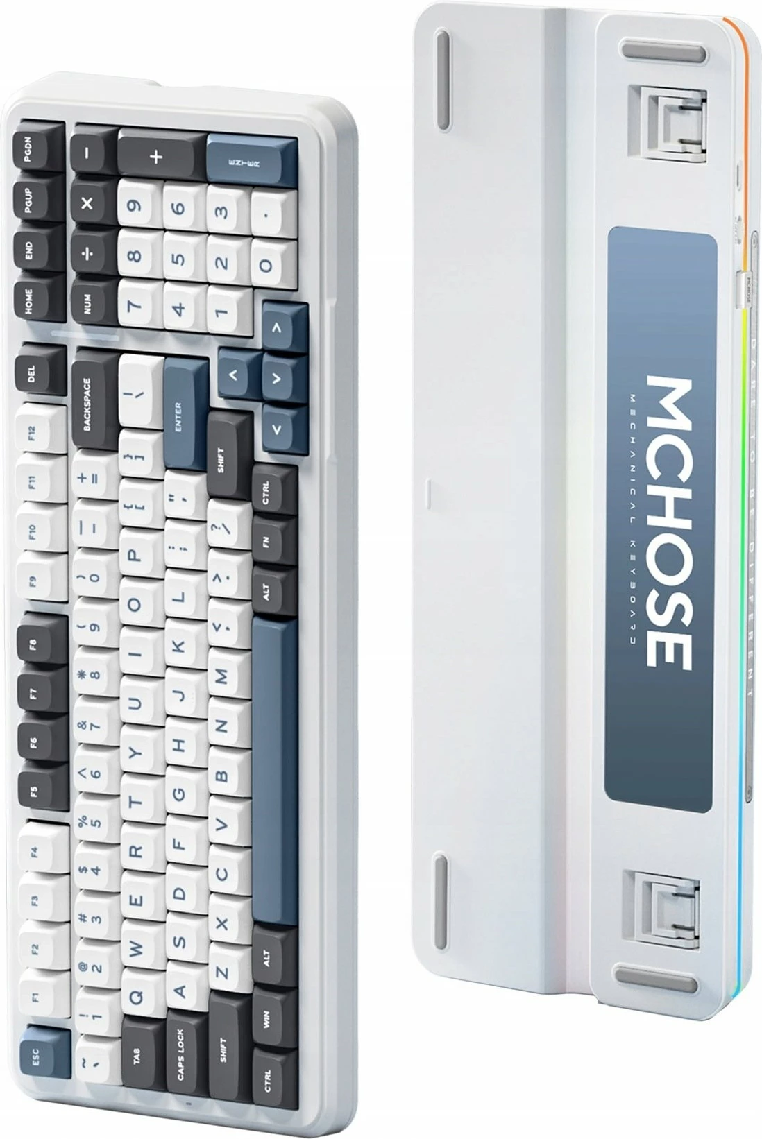 Tastierë mekanike MCHOSE K99-3A 98% (99 taste) Hyacinth Switch RGB tri-mode hot-swap 6000 mAh, bardhë me blu