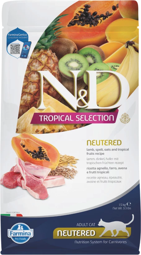 N&D Zgjedhja Tropikale Ushqim për Macet me Mish Qengji dhe Fruta Tropikale 1,5kg