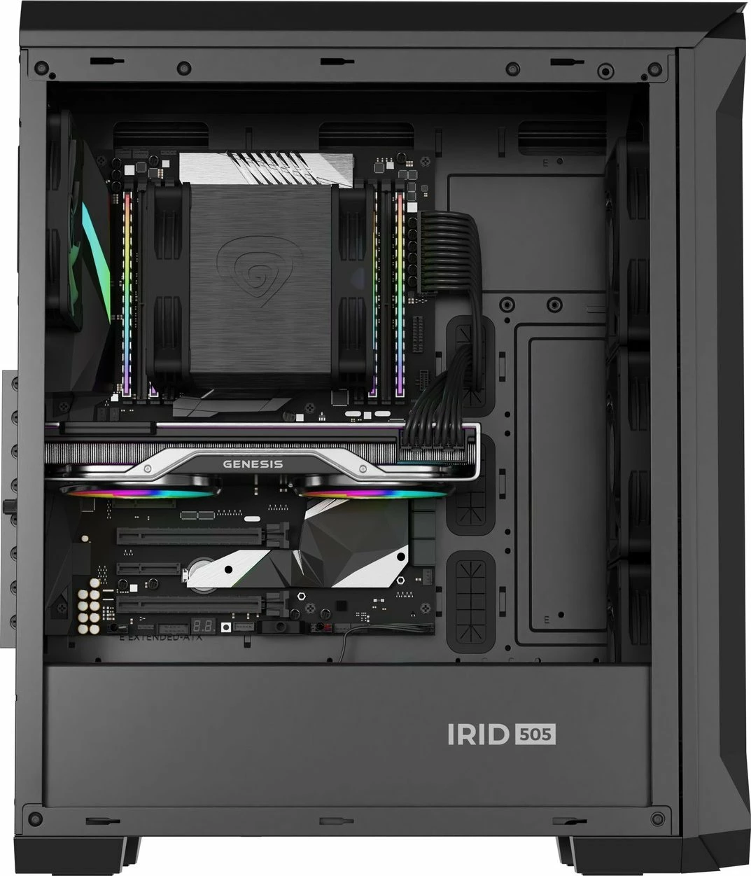 Kasë GENESIS Irid 505 ARGB V2 NPC-1518 Midi Tower ATX/Micro ATX/Mini-ITX, 4x120mm ARGB fan, xham i kalitur, e zezë