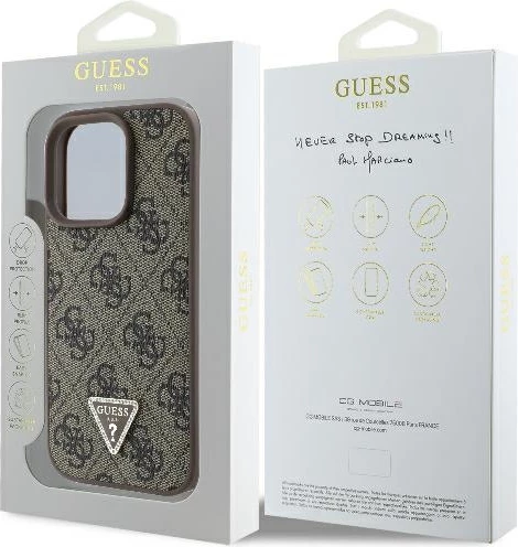 Mbështjellës Guess 4G Triangle Strass për iPhone 16 Pro, MagSafe, Kafe