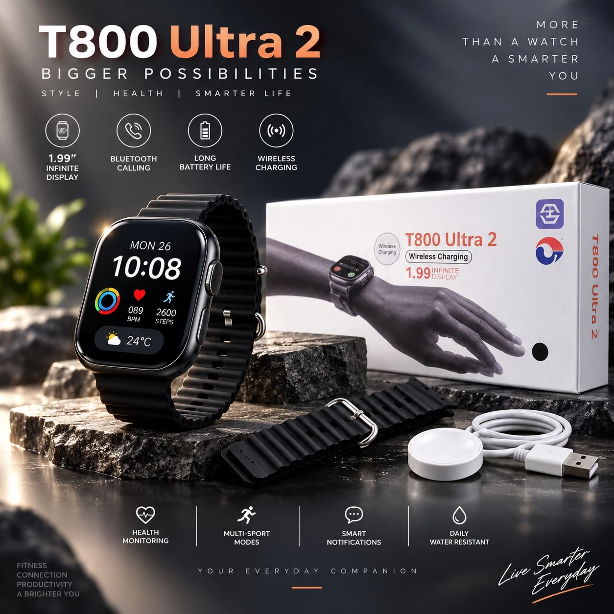 Smartwatch T800 Ultra 2 me Ekran 1.99 inch", 100+ Sports Modes dhe Karikim Magnetik - Black