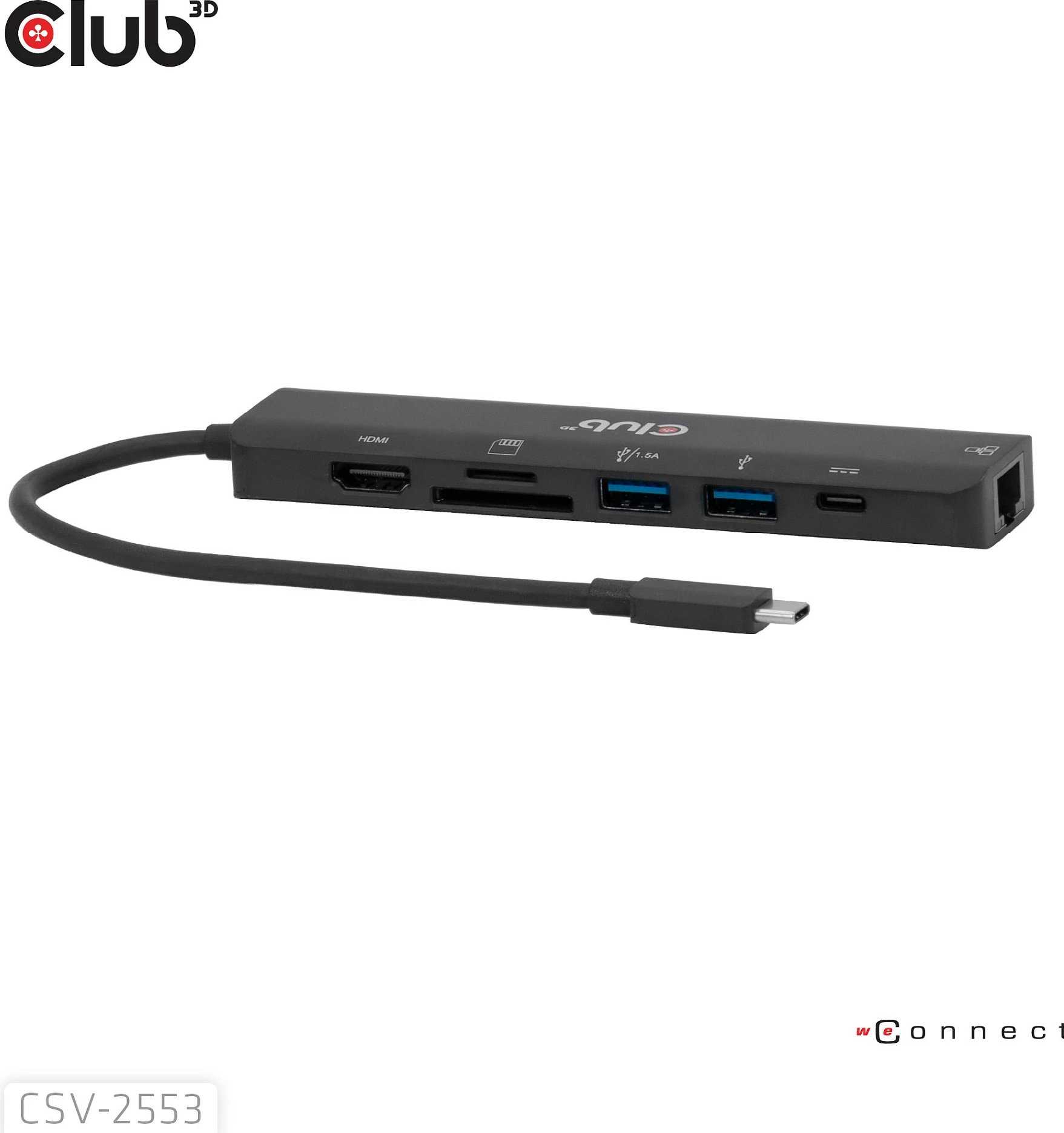 Hub USB-C Club 3D CSV-2553, 7-në-1, HDMI 4K@60Hz, RJ-45 Gigabit, 2x USB-A, USB-C PD, SD/microSD, i zi
