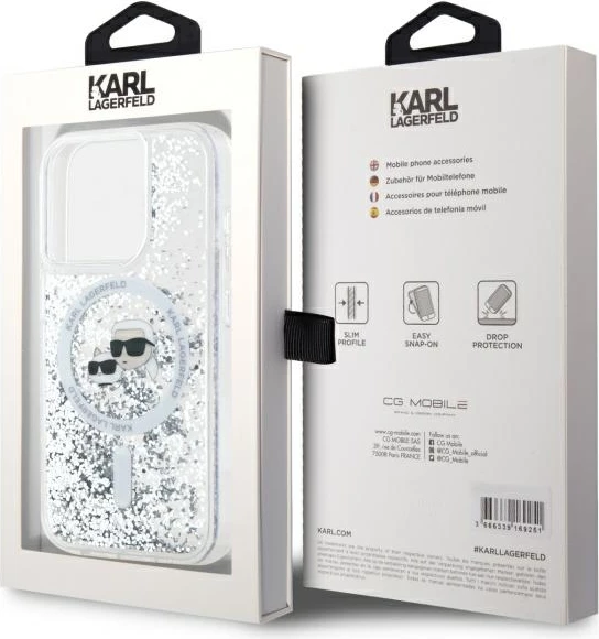 Mbështjellës Karl Lagerfeld Liquid Glitter Karl & Choupette Head MagSafe për iPhone 15 Pro, Transparent
