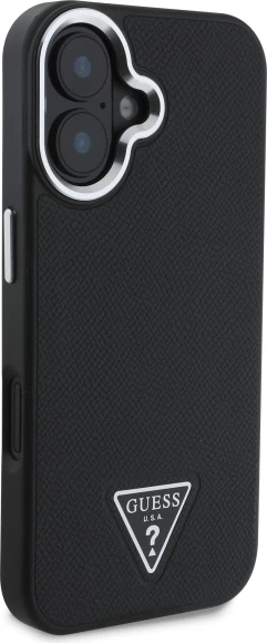 Mbështjellës Guess Grained Triangle MagSafe për iPhone 16 Plus 6.7", i zi, hardcase